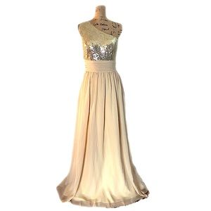 NWT! JJ's House Champagne Sequin Full Length Princess Gown 10